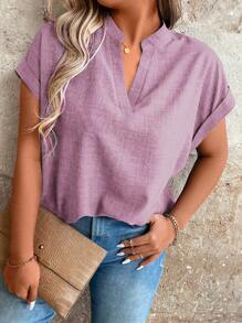 Linhara Plus Size Women's Solid V-Neck Batwing Short Sleeve Casual Blouse - Pink - View 3