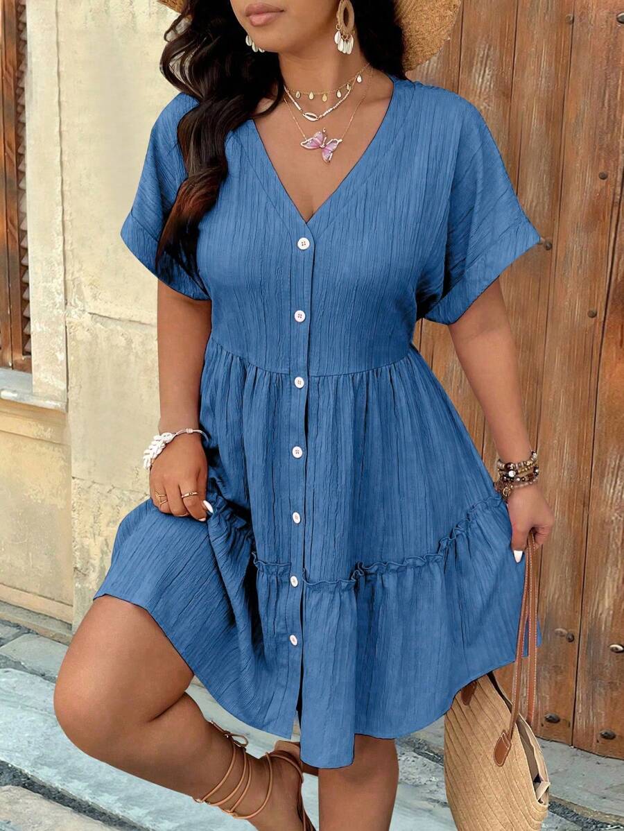 SHEIN Holidaya Plus Size V-Neck Textural Drop Shoulder Flounce A-Line Midi Dress - Blue - View 1