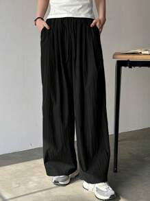 FRIFUL Women's Solid Color Elastic Waist With Pockets Loose Casual Straight Leg Pants - Black - View 4