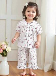 Baby Girl Cute Lady Sets: Ditsy Floral Collared Ruched Front Top + Loose Casual Flounce Hem Long Pants - Baby Pink - View 3