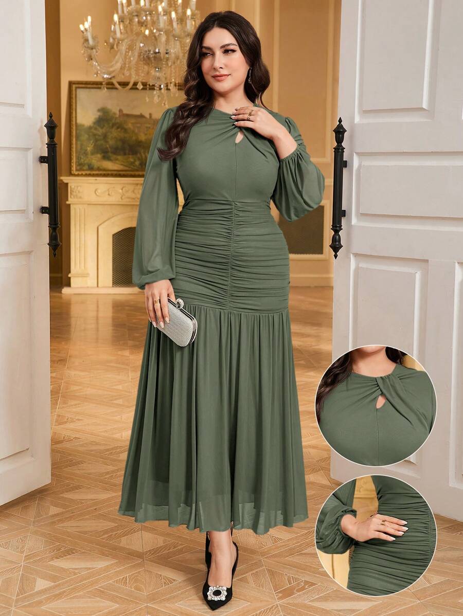 Modelyn Plus Size Long Sleeve Solid Color Dress, Fashion For Summer - Olive Green - View 1