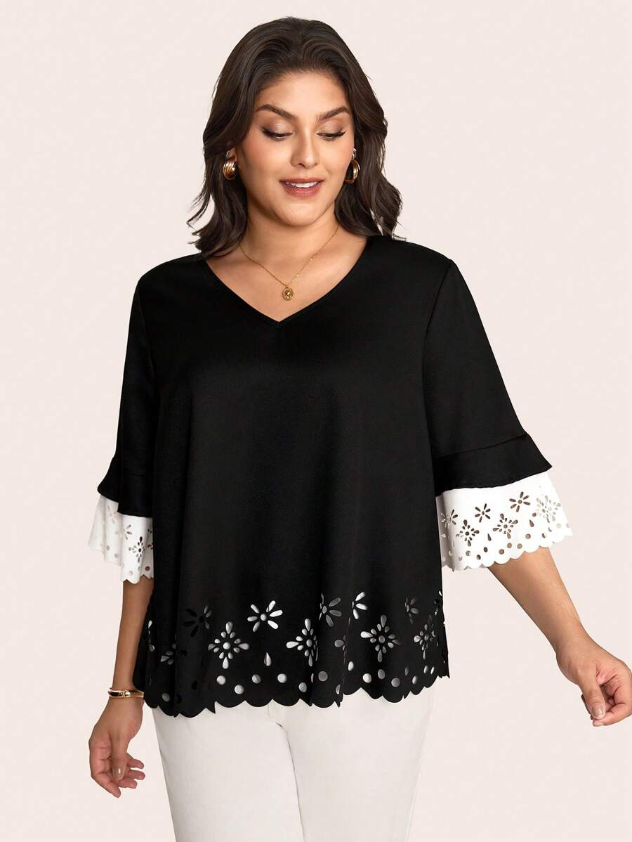 SHEIN LUNE Plus Size Summer Casual Black & White Contrast Hollow Out Blouse Country Concert Graduation Summer Brunch Mother's Day Church - Black and White - View 1