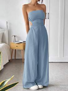 SHEIN EZwear Bộ đồ liền thân dài không tay và hở lưng, Bandeau màu trơn, hợp thời trang cho mùa hè - Màu xanh lam - Xem 7