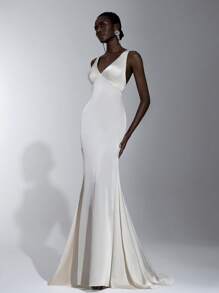 SHEIN Belle Elegant, Romantic, Sexy, Simple, Dignified, Champagne Color, Satin, Elastic, Suspender Tube Top, Chest Cup, Backless, Lace-Up Decoration, Fishtail Skirt, Tail Fashion, Internet Celebrity, Festival, Vacation, Birthday Party, Wedding Event, Bridesmaid Dress - Champagne - View 3