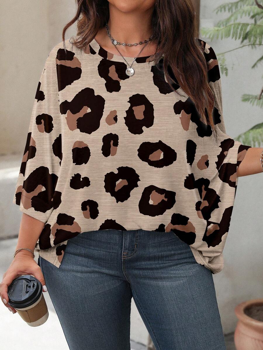 SHEIN LUNE 度假豹纹印花休闲宽松圆领长袖 T 恤，大码，适合秋冬季 - 米色 - 查看 1