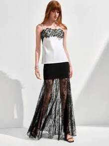 Arave 女士弹力腰撞色蕾丝半身裙，优雅 - 黑色 - 查看 5