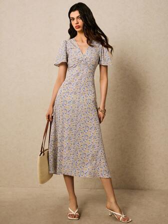 Poéselle Women's Holiday Ditsy Floral Twist Design Ruffle Sleeve Mid-Length Dress,Business Casual Woman,Bohemia