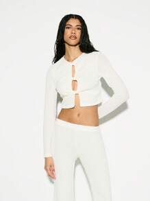KIZN Twist Front Long Sleeve Crop Top Ultra Soft Ribbed Knit Casual Top With Button Detail Ibiza - White - View 1