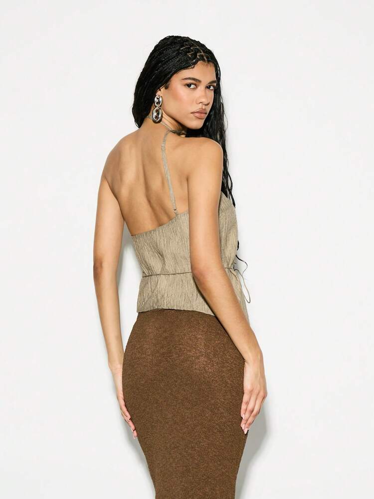 KIZN Asymetryczny top damski bez rękawów na jedno ramię z marszczonym wiązaniem