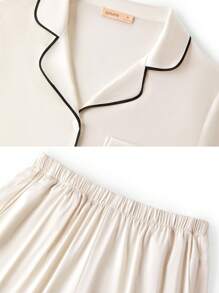 LUVLETTE Autumn And Winter White Silky Satin Contrast Trim Short-Sleeve Basic Button-Up Top & Pants Women Loungewear Pajama Set Pants With Pockets Fall Pajamas Clothes
