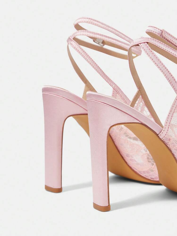 CUCCOO HITCHD Women's New Ankle Strap Pointed Toe Pearl Decor Chunky Heel Elegant Romantic Fashion Pale Pink Mesh Lace High Heel Sandals, Bridal Wedding Party Evening Formal Dress Shoes