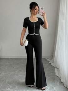 Elenzga Conjunto de 2 piezas para mujer con top elegante de botones delanteros y pantalones para uso casual y de oficina