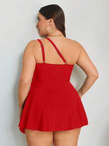 Swim Lushoire Plus Size Summer Vacation Solid Color One-Piece Side-Tie Swimsuit - Red - View 2