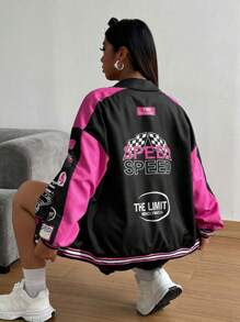 POPSWAY Plus Size Women's Pink Stylish Letter Print Patchwork Drop Shoulder Long Sleeve Jacket Winter Fall Autumn - Hot Pink - View 4