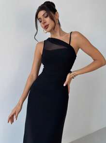 Firerie Elegant Minimalist & Chic Fashion Music Festival Daily Vacation Women's Black Mesh Asymmetrical Neck Ruched Fitted Dress - Black - View 7