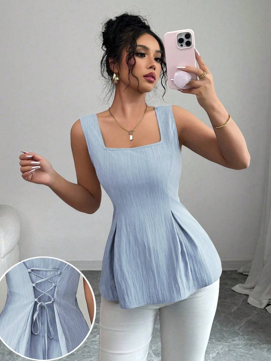 Elenzga Nouvelle blouse élégante et vintage bleu marine avec taille serrée, col carré et sans manches, Collection Printemps/Été 2025 - Bleu ciel - Voir 1