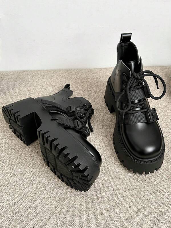 ROMWE Goth Chaussures Oxford à plateforme avec laçage devant pour femmes, bottes de mode punk d'extérieur pour l'automne, Noël, Nouvel An et la Saint-Valentin