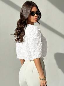 Firerie Chaqueta corta de manga corta, ligera y con textura de rosa 3D, elegante, minimalista, romántica y sofisticada para mujer, ideal para citas, ir al trabajo y vacaciones en otoño/invierno