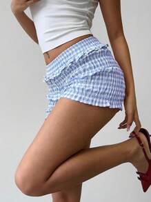 Aloruh 女式春夏格子荷叶边下摆休闲短裤 - 藍白色 - 查看 6