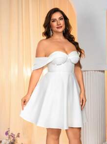 SHEIN Belle Vestido blanco de novia talla grande con hombros descubiertos y decoración de strass en el pecho, lindo para bodas u ocasiones especiales, novia