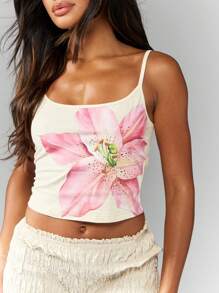 MISSGUIDED Summer Floral Crop Tank Top Lily Print Cami Vacation Beach Resort Wear Spring Festival Sleeveless Cotton Top Festival Season