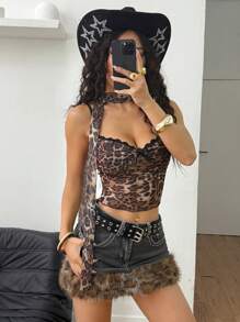 Coolane Áo ba lỗ ren họa tiết da báo Y2K thời trang dạo phố cho lễ hội âm nhạc mùa hè dành cho nữ - màu nâu - Xem 2