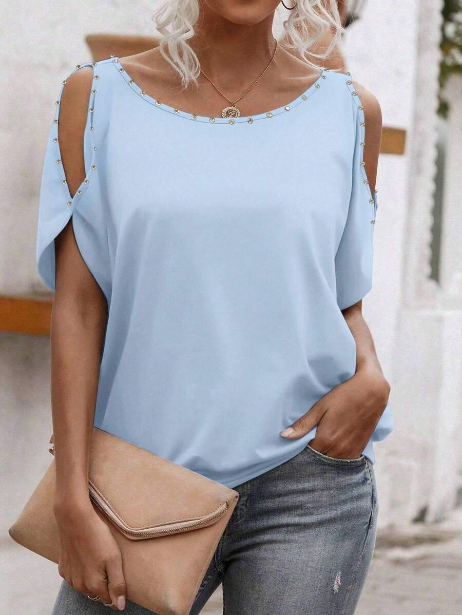 SHEIN LUNE Maglietta casual da donna a maniche corte, con spalle scoperte, di colore unito e taglio ampio