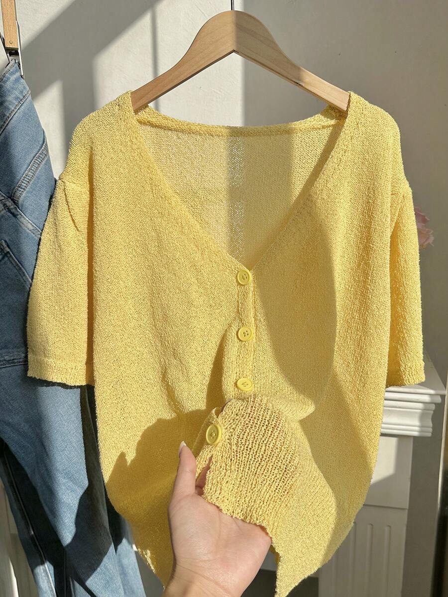 Comfortcana Plus Size Women's Solid Color Short Sleeve Single-Breasted Lightweight Cardigan - Yellow - View 1