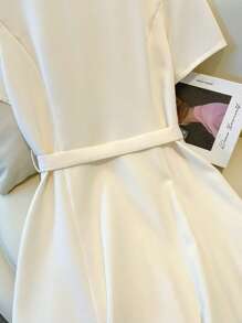 Franclia Elegant Notch Collar Short Sleeve Cinched Waist Waist Single Breasted Solid Color Spring/Summer Dress