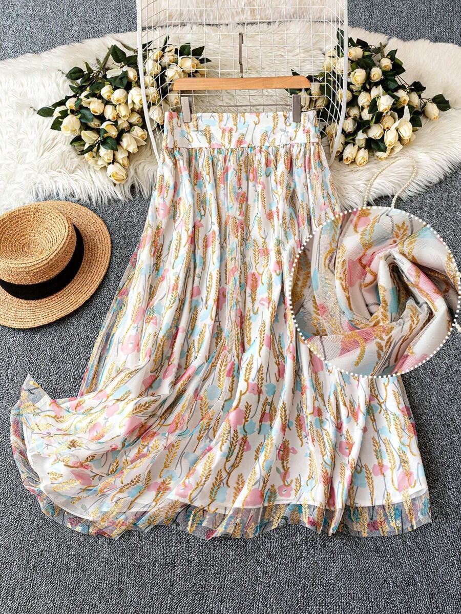 SHEIN LUNE Falda holgada con estampado floral y tela de malla metálica, talla grande - Albaricoque - Ver 1