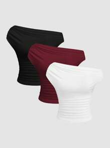 Sweetra Versatile Comfortable Solid Color Asymmetric Shoulder Short Sleeve Cropped T-Shirt, Fitted - Multicolor - View 1