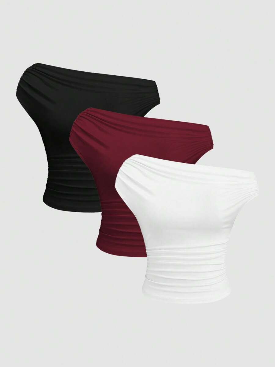 Sweetra Versatile Comfortable Solid Color Asymmetric Shoulder Short Sleeve Cropped T-Shirt, Fitted - Multicolor - View 1