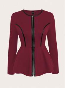 SHEIN Clasi Women Round Neck Ruffled Hem Zipper Jacket Coat - Burgundy - View 1