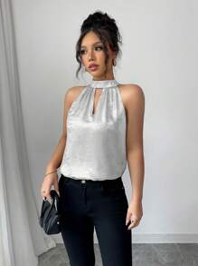 Elenzga 女士优雅露背无袖光泽衬衫，适合春夏季度假 - 銀色 - 查看 4