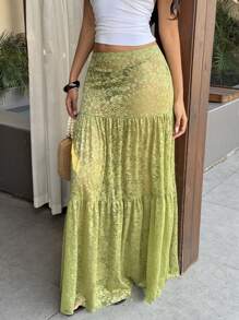 Sunnyshic Women's Casual Sheer Lace Long Skirt, Green, Summer Holiday - Green - View 6