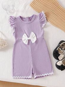 Baby Girls Crew Neck Black Lace Trim Ribbon Cap Sleeve Bowknot Zipper Romper, Cute Sweet, Comfortable Casual, Spring/Summer/Autumn - Purple - View 1