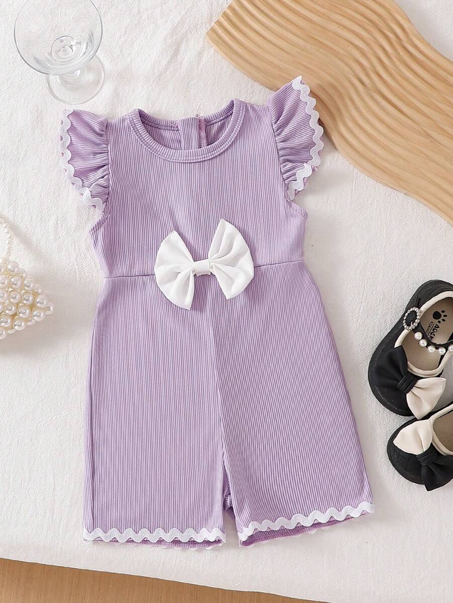 Baby Girls Crew Neck Black Lace Trim Ribbon Cap Sleeve Bowknot Zipper Romper, Cute Sweet, Comfortable Casual, Spring/Summer/Autumn - Purple - View 1