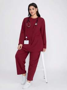 Scrubzie Plus Size Moisture-Wicking Long Sleeve Tunic & Pants Nursing/ Scrub Uniform Set - Burgundy - View 4