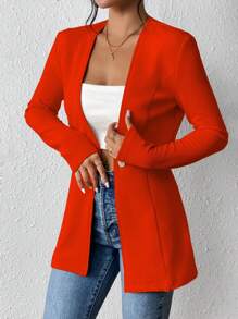Chiquease Blazer informal de mujer sin forro, sin cuello, de manga larga y delgado - Naranja Quemada - Ver 3