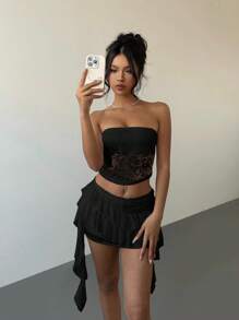 Aloruh 女士性感优雅蕾丝黑色抹胸和荷叶边下摆迷你裙两件套 - 黑色 - 查看 4