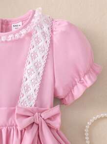 Souflis Souflis Vestido de Princesa com Manga Bufante para Menina Jovem, com Colarinho de Renda Floral, Detalhe em Laço e Bainha com Barra de Renda, Adequado para Eventos