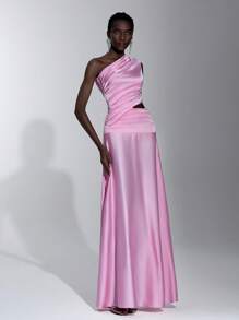 Elitara Blush Pink,Summer,Elegant,Formal,Event,Prom,Wedding Bridesmaid Dress,Satin Asymmetric Neck Hollow Out Ruched Bodycon Fishtail Holiday Resort - Pink - View 3