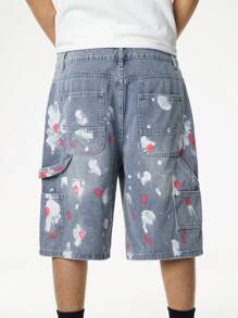 Manfinity Hypemode Pantalones cortos vaqueros holgados y versátiles de pierna ancha con bolsillo de salpicadura de tinta para hombres