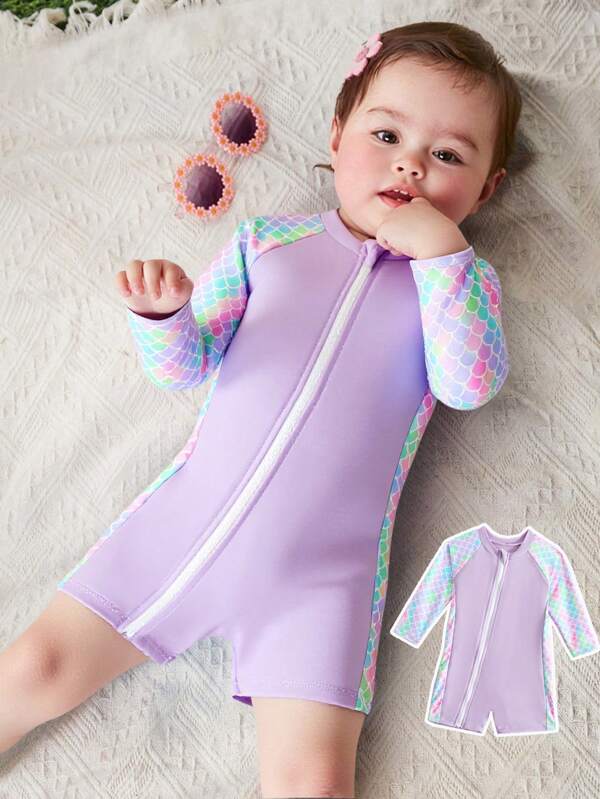 Newborn/Toddler Girls' Purple Mermaid Scale Print One-Piece Swimsuit With Long Sleeve & Zipper