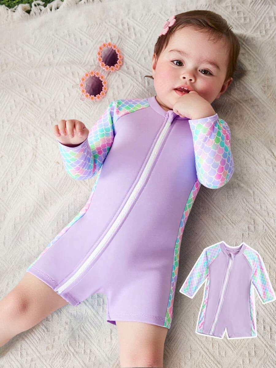 Newborn/Toddler Girls' Purple Mermaid Scale Print One-Piece Swimsuit With Long Sleeve & Zipper - Multicolor - View 1
