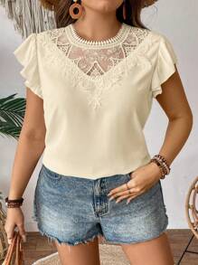 SHEIN Privé Plus Size Women Embroidered Collar Cap Sleeve Loose Blouse - Apricot - View 3