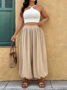 SHEIN Clasi Quần ống rộng cạp chun co giãn có dây rút cỡ lớn, thiết kế thường ngày cho kỳ nghỉ dành cho phụ nữ cỡ lớn - trắng - Xem 3