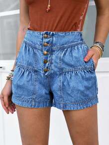 LanaWest Women Elastic Waist Ruffle Hem Denim Shorts