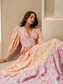 Anewsta Robe longue élégante à col en V, manches lanternes et coupe évasée avec blocs de couleurs contrastés. Convient pour les fêtes, les rendez-vous, les vacances, la plage d'été, les vacances, la Saint-Valentin - Prune - Voir 1