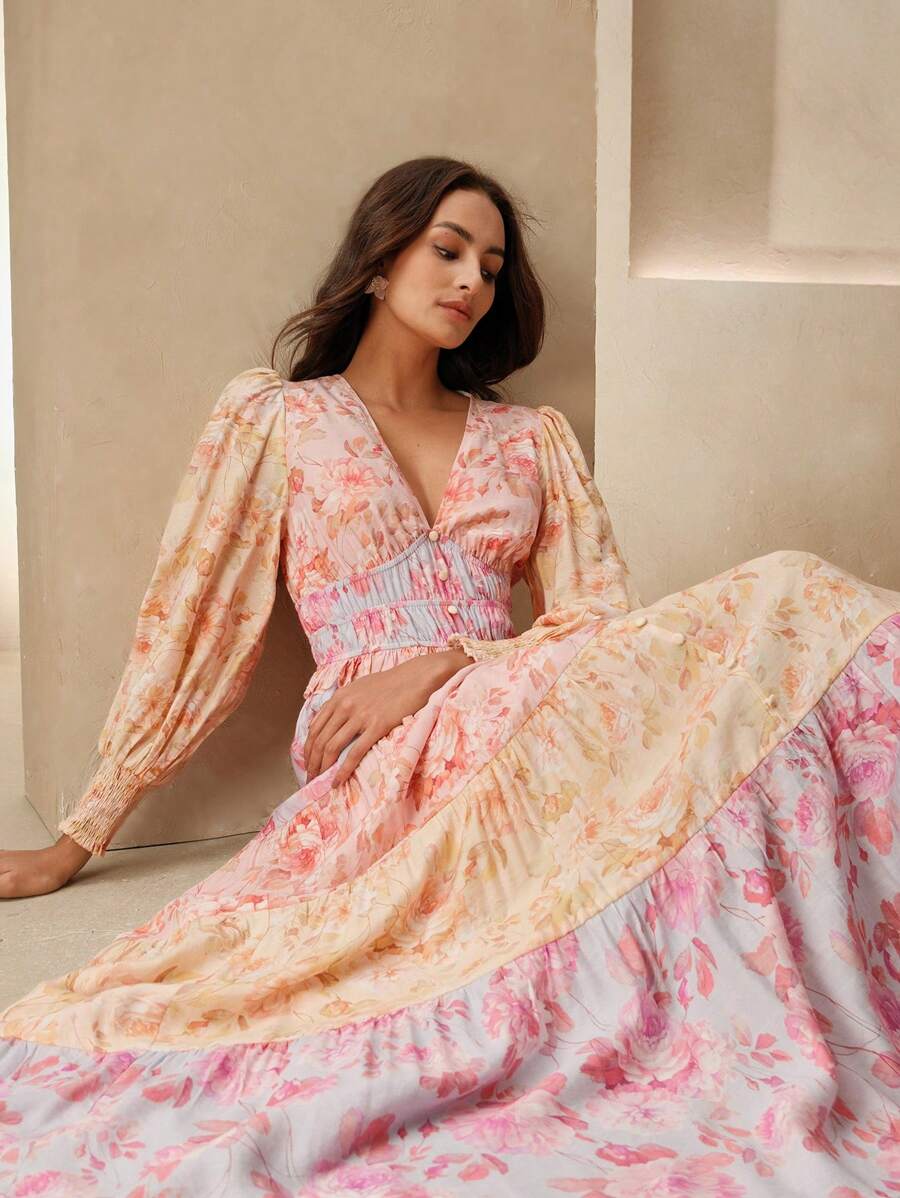 Anewsta Robe longue élégante à col en V, manches lanternes et coupe évasée avec blocs de couleurs contrastés. Convient pour les fêtes, les rendez-vous, les vacances, la plage d'été, les vacances, la Saint-Valentin - Prune - Voir 1
